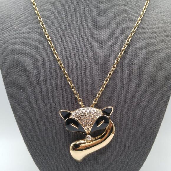 Fox Pendant Brooch Necklace, Black Enamel, Clear Rhinestones, 36" Chain - Picture 6 of 7
